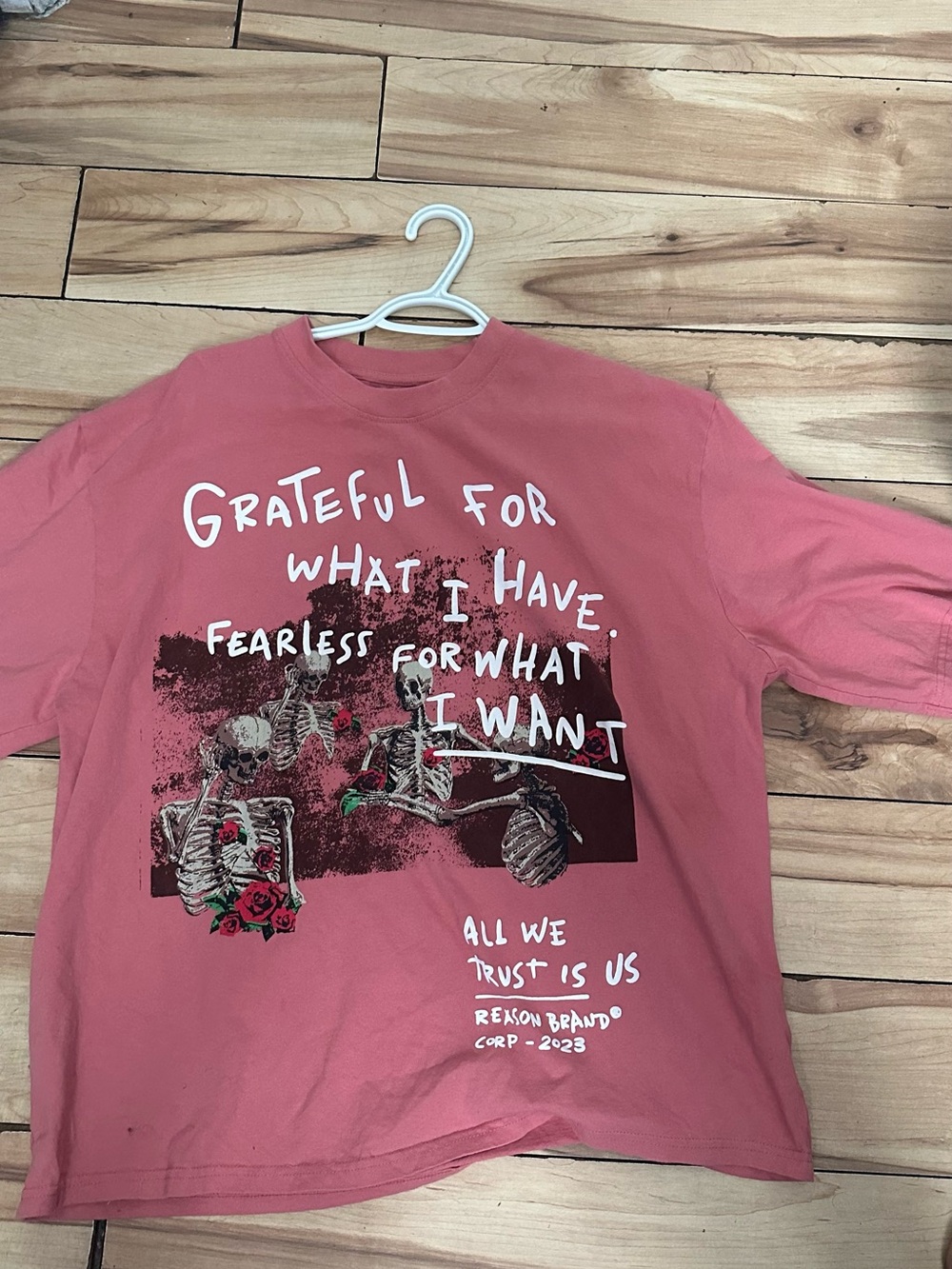 Reason Pink Graphic Skeleton Tee with Rose Accents